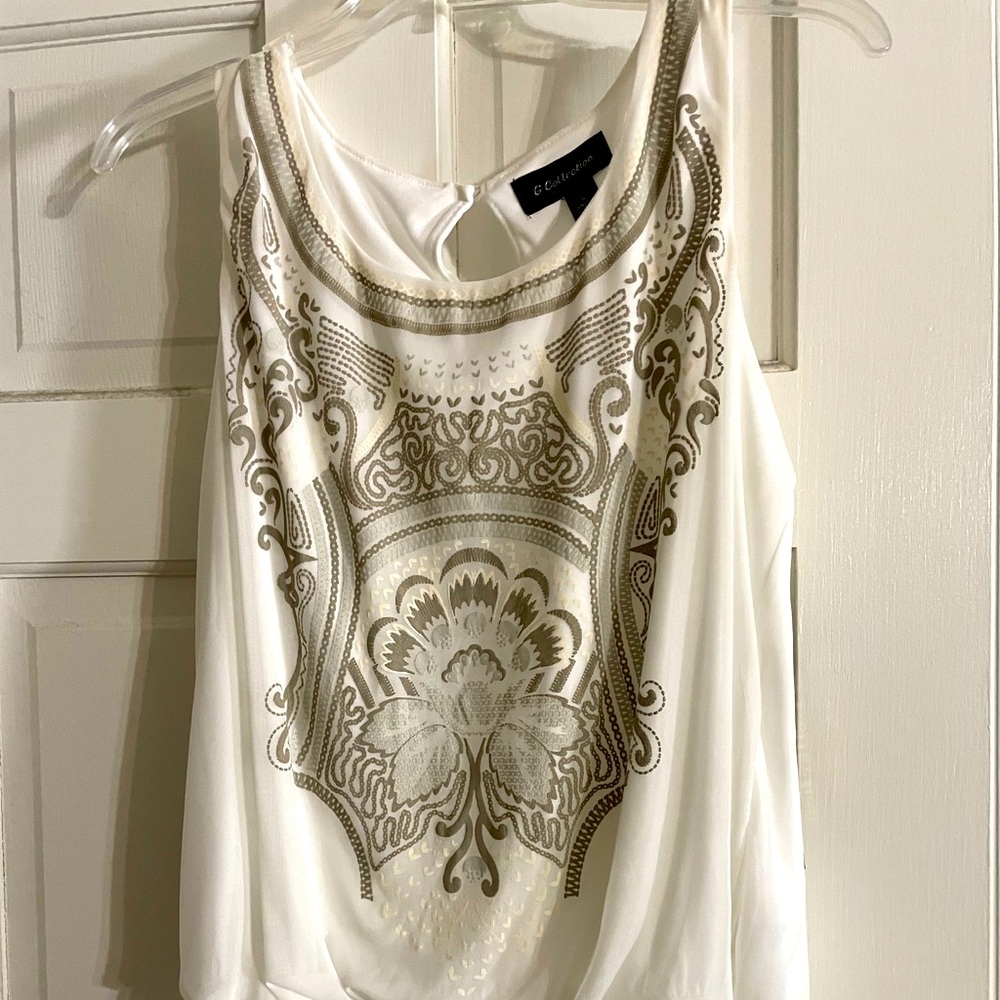 I see collection, white sleeveless blouse with gold print